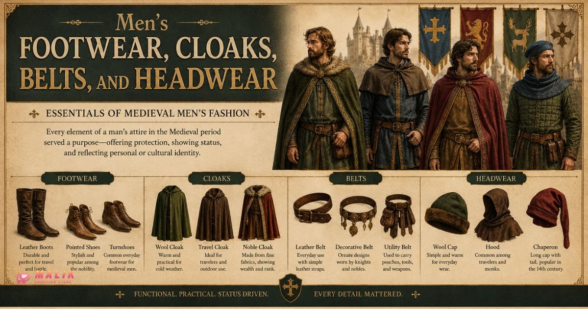 Men's Footwear, Cloaks, Belts, and Headwear